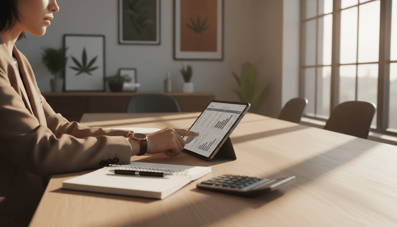 Cannabis business owner reviewing financial data and tax strategy documents on tablet at desk