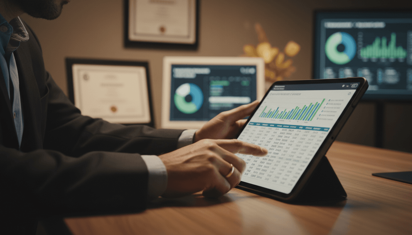 Cannabis operator reviewing financial reports and tax strategy on tablet in office