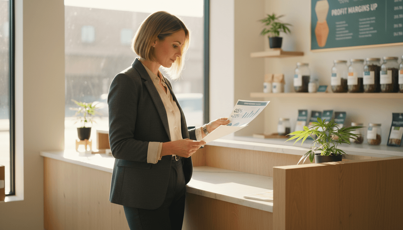 Cannabis dispensary owner reviewing financial growth and profitability reports