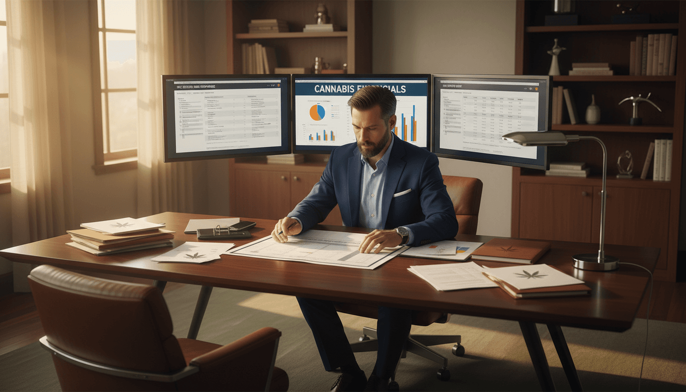 CPA reviewing financial statements and cannabis inventory spreadsheets