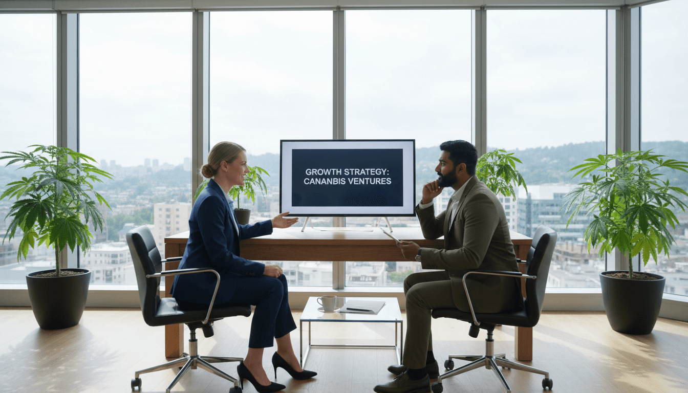 Cannabis business owner and financial advisor reviewing financial documents and growth strategy at office table